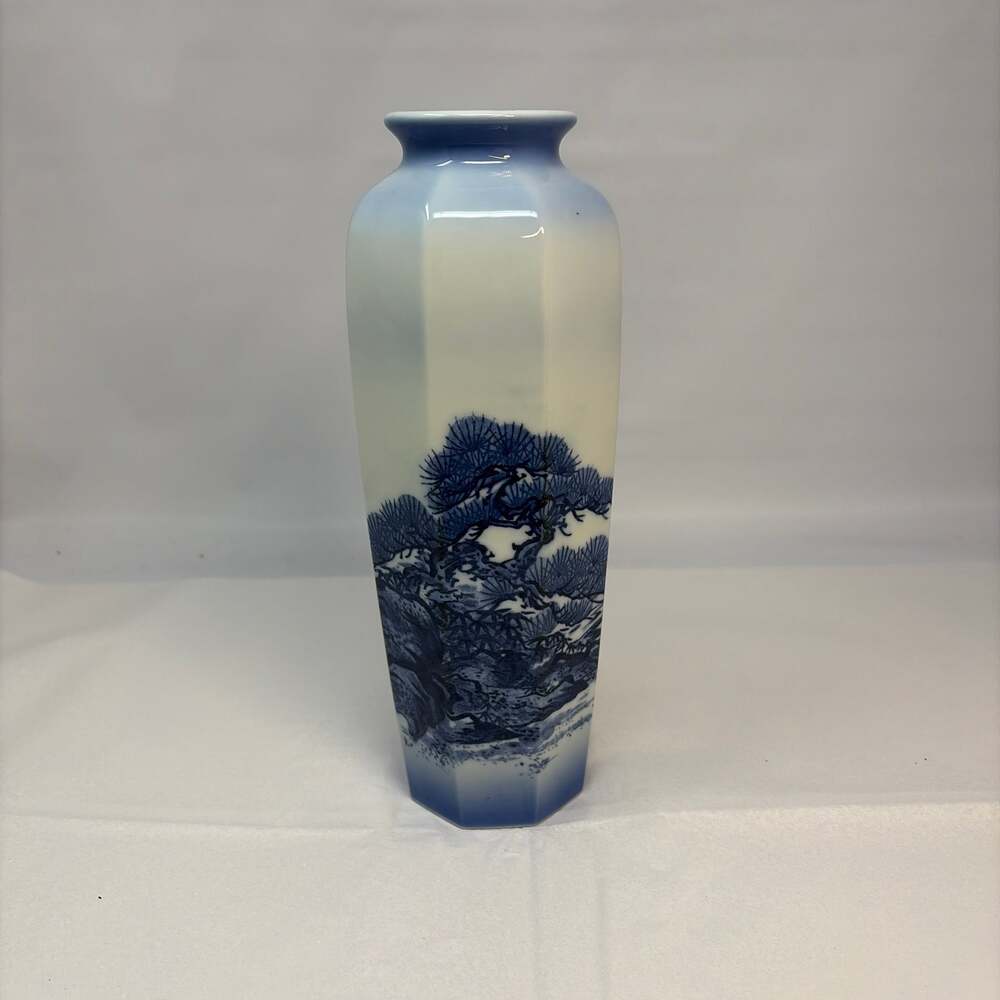 VINTAGE JAPANESE MID CENTURY MODERN CERAMIC VASE MT. FUJI 11 INCHES TALL 8 SIDED